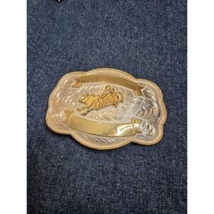 Vintage Alpaca Mexico Bull Riding Oversized Silver & Gold Belt Buckle